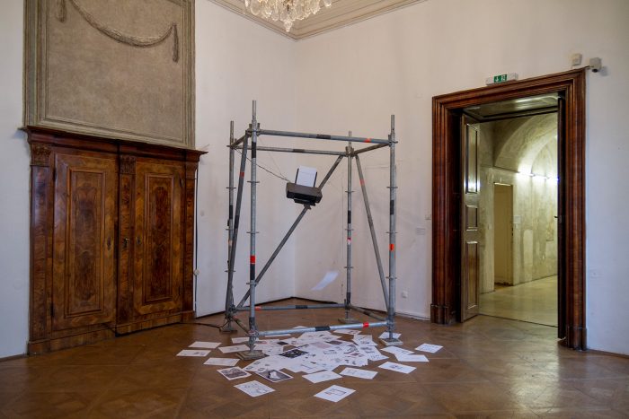 Thought Machine, 2013 (Installation) | Object: 150cm (X) x 150cm (Y) x 200cm (Z) | Ink-jet printer, strings, scaffolding, Mixed media on Paper